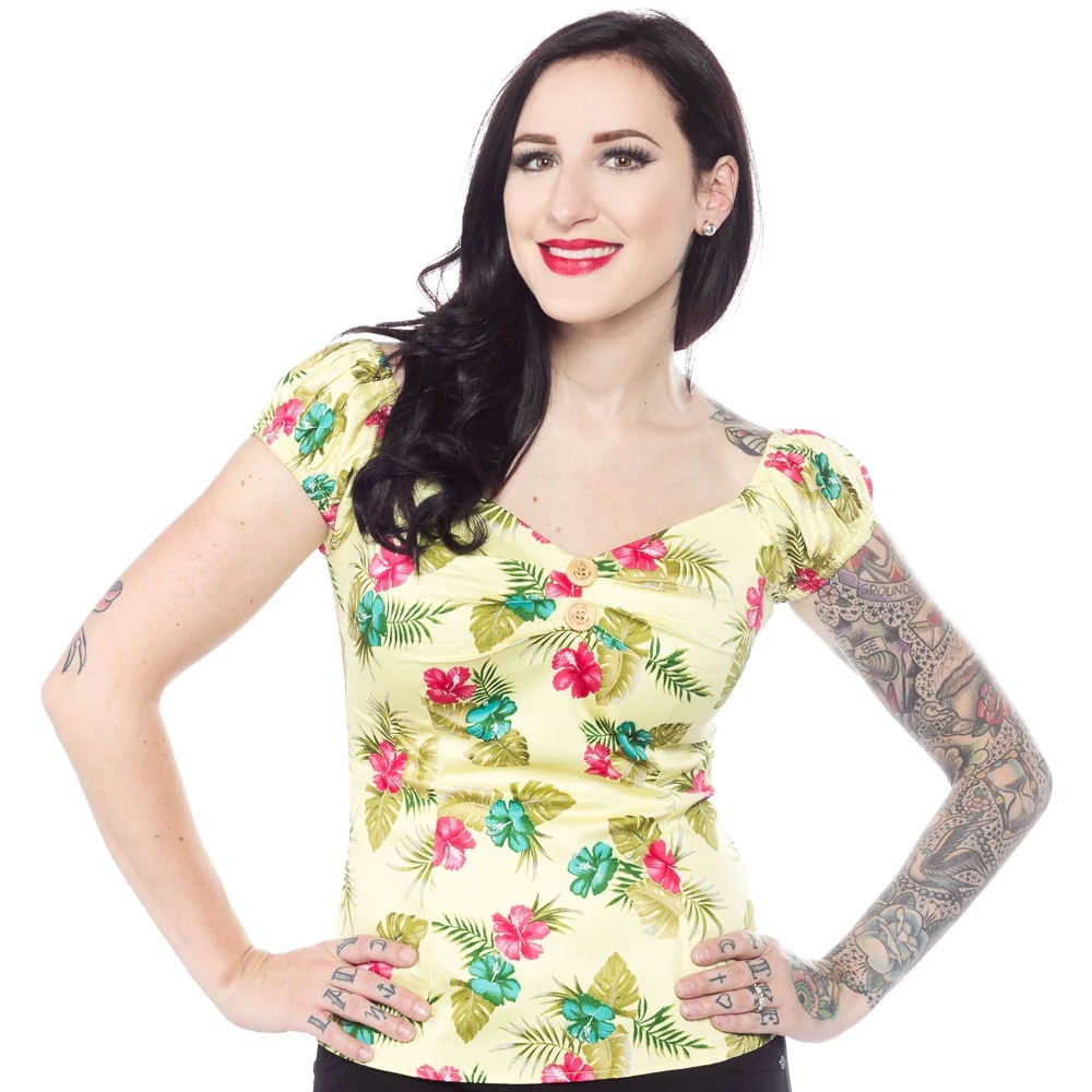 Lime green/neon yellow hibiscus vintage top
